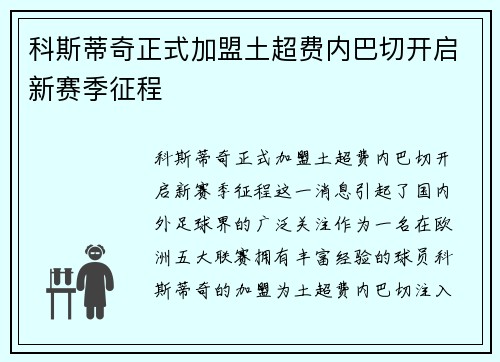 科斯蒂奇正式加盟土超费内巴切开启新赛季征程 科斯蒂奇正式加盟土超费内巴切开启新赛季征程